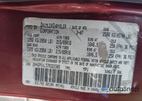 2007 Chrysler Town & Country Limited z USA, uszkodzony, nr VIN 2A4GP64L57R322385